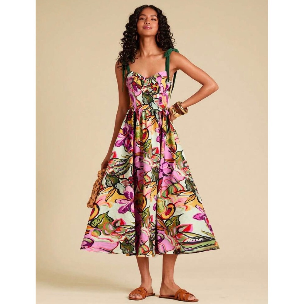 Tropical Fruit Floral Tie‎ Strap Smocked Midi Dress Pink Green Large